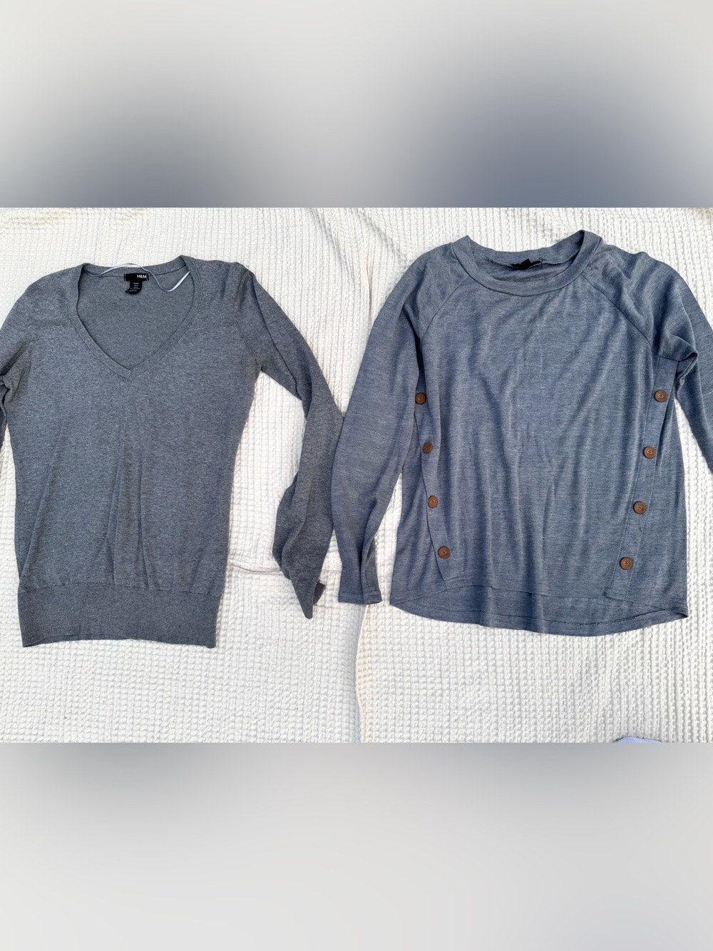 Two gray women’s tops. H&M V-Neck and elbow patches top. Size medium (roughly 4)
